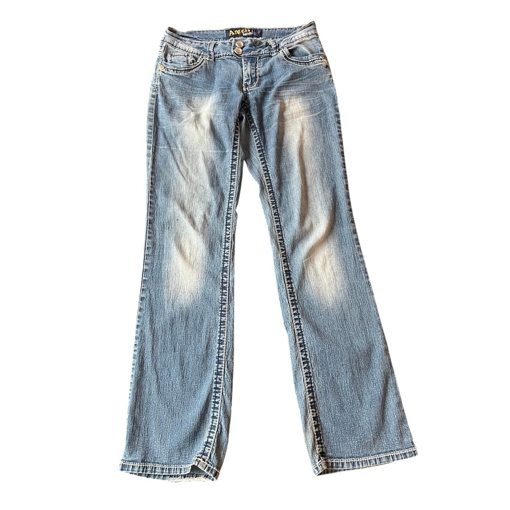 Angels Jeans Womens Light Wash Low Rise Flare Y2K Rhinestone Pocket Blue (1012)